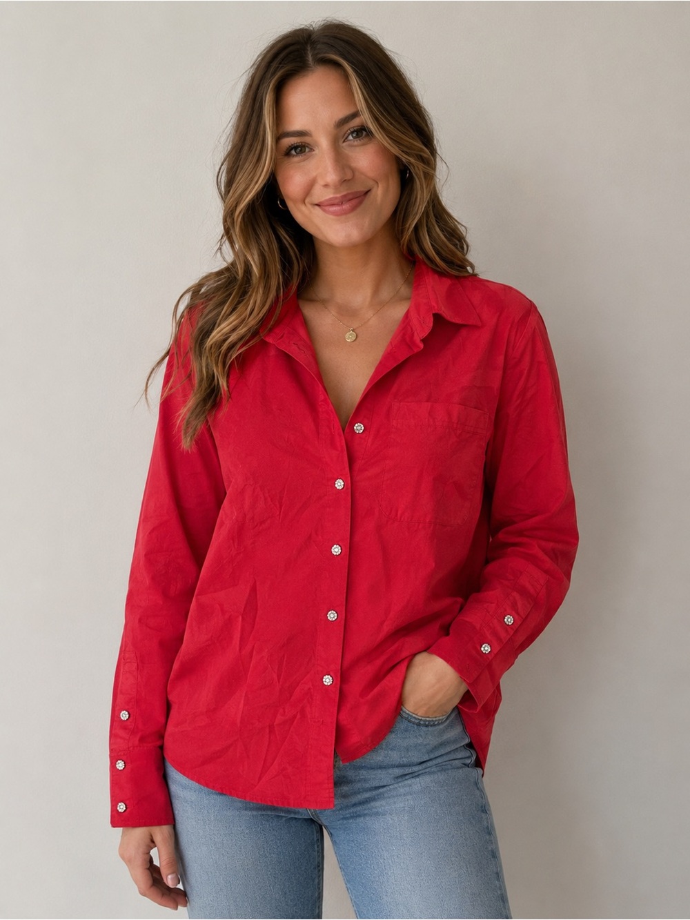 NWT Holly Shae Women's Classic Button-Up Shirt in Red